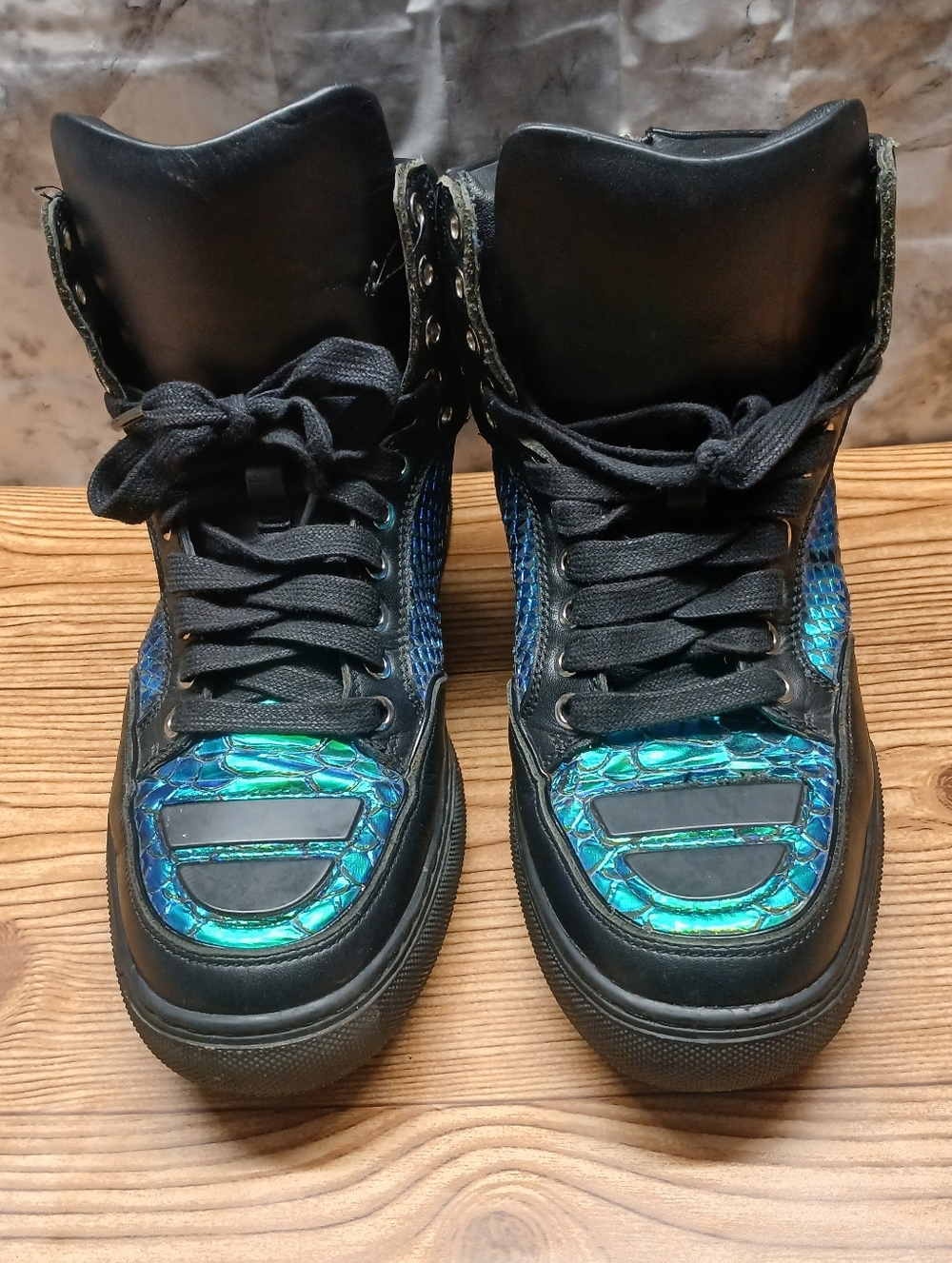 Alejandro Ingelmo  Black High-Top Sneakers with Iridescent Blue-Green Panels